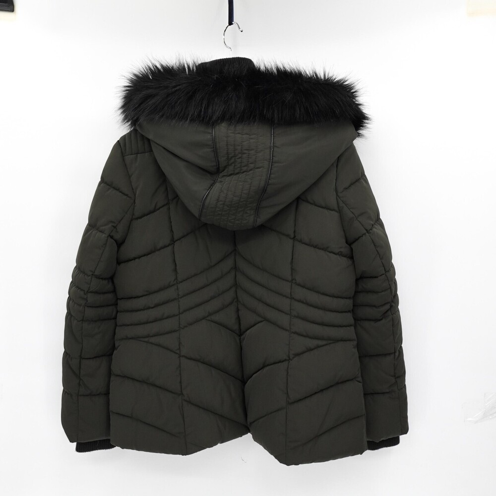 GUESS Jacket Womens Large Green Puffer Hood Faux Fur Trim Zip Pockets Warm - Picture 3 of 16